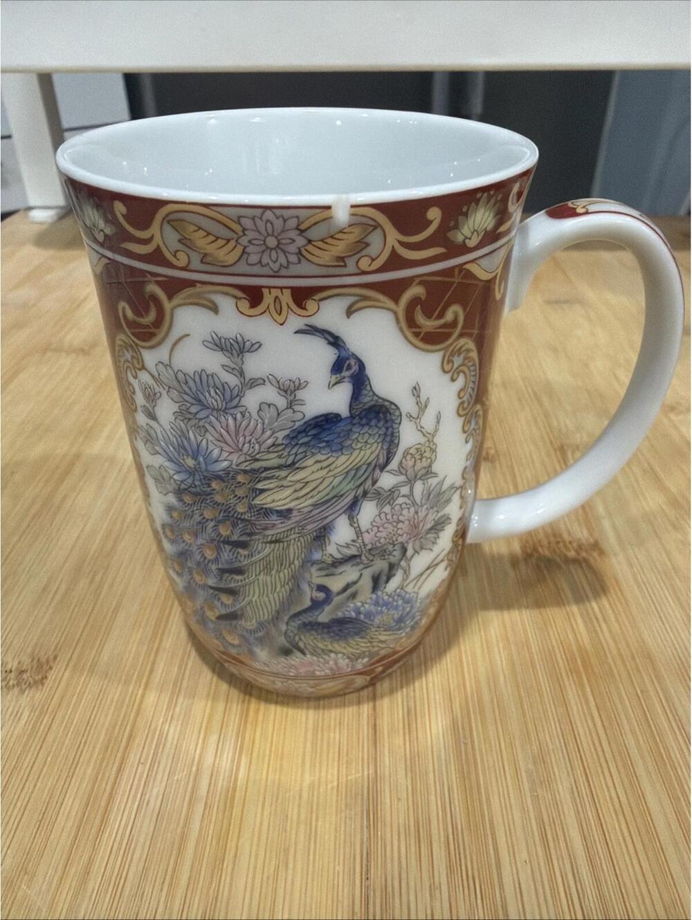 Imari Peacock Coffee/Tea Mug, Porcelain, Vintage  -  4.25" x 3" Burgundy *